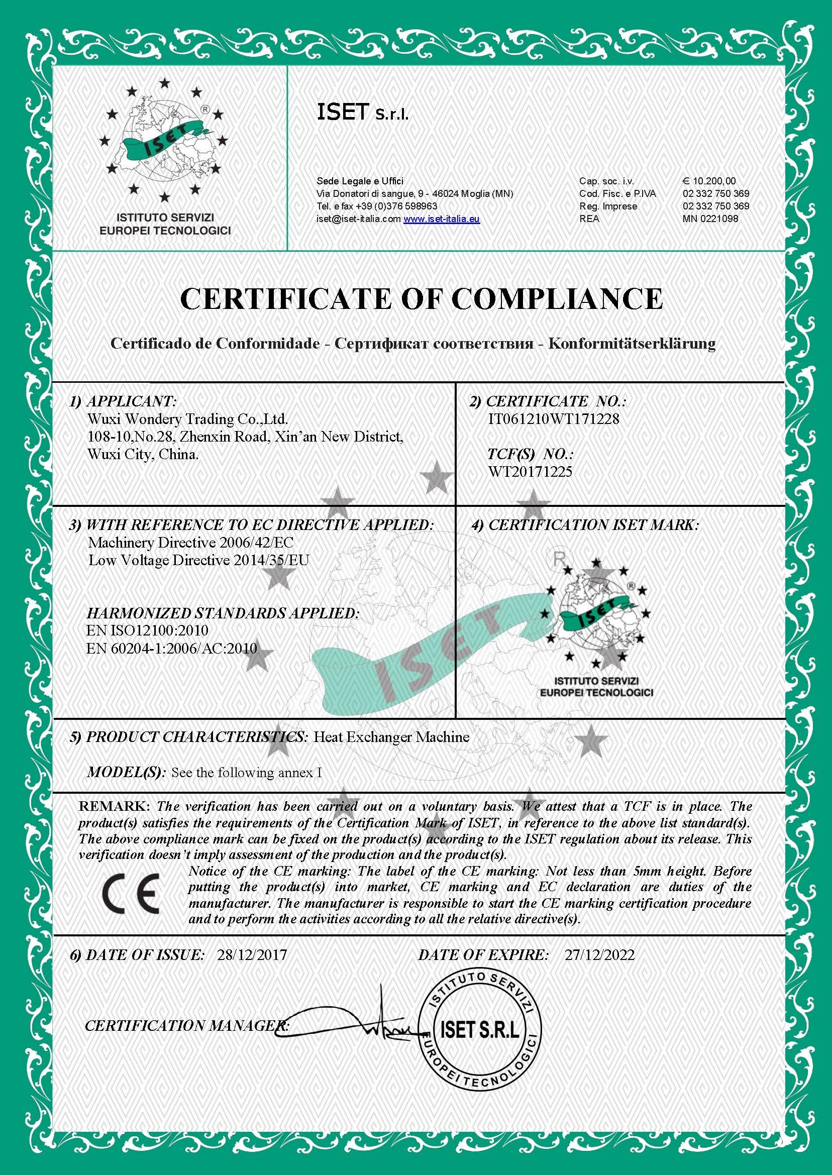 La Chine Wuxi Wondery Industry Equipment Co., Ltd Certifications